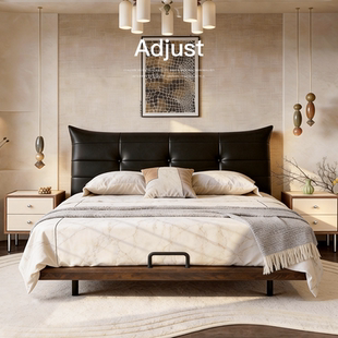 已夏 中古风主卧室复古风北美白蜡木双人简约全真皮床实木 飞翼床