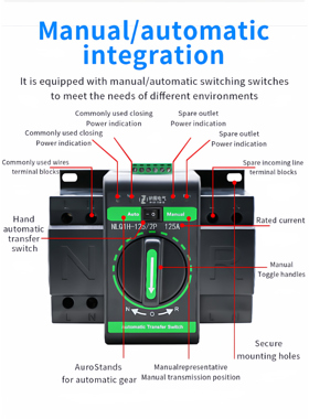 ATS 迷你型自动转换开关NLQ1H-63/2P 4P 63A双电源墨绿色二进一出