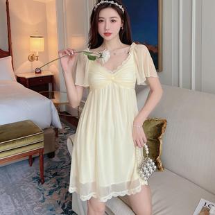 春夏季 带胸垫睡衣女神网纱睡裙可外穿家居服 法式 甜美宫廷风打结款
