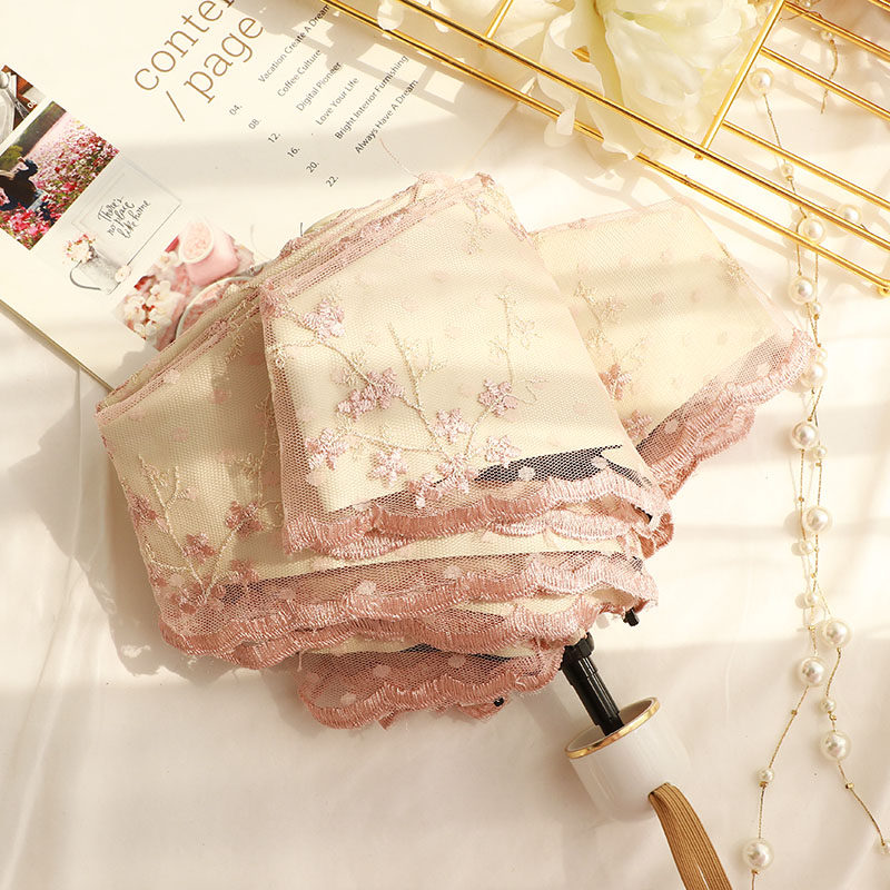 双层五折伞蕾丝高级灰超好看黑胶防晒防紫外线晴雨两用遮阳太阳伞