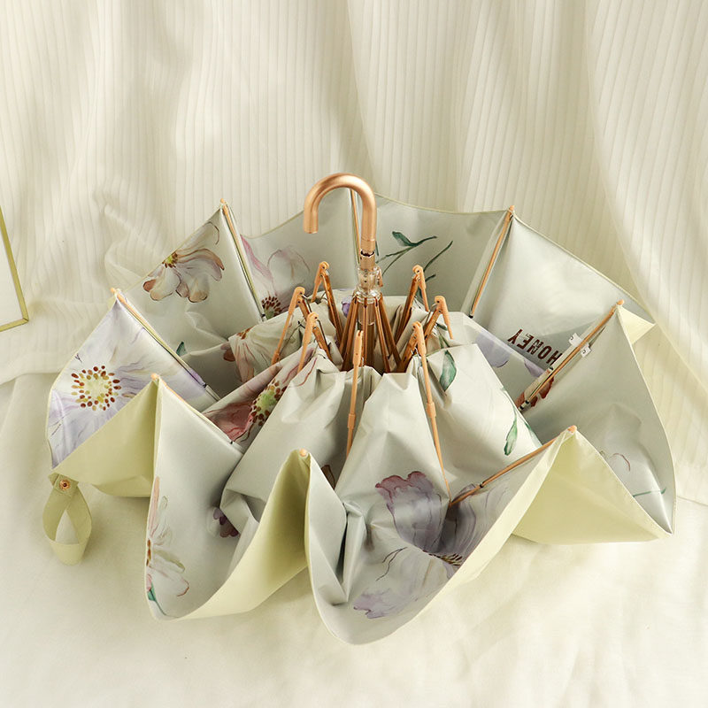 超轻三折弯钩茉白花卉印花伞女拎包折叠伞八骨晴雨两用遮阳防晒伞