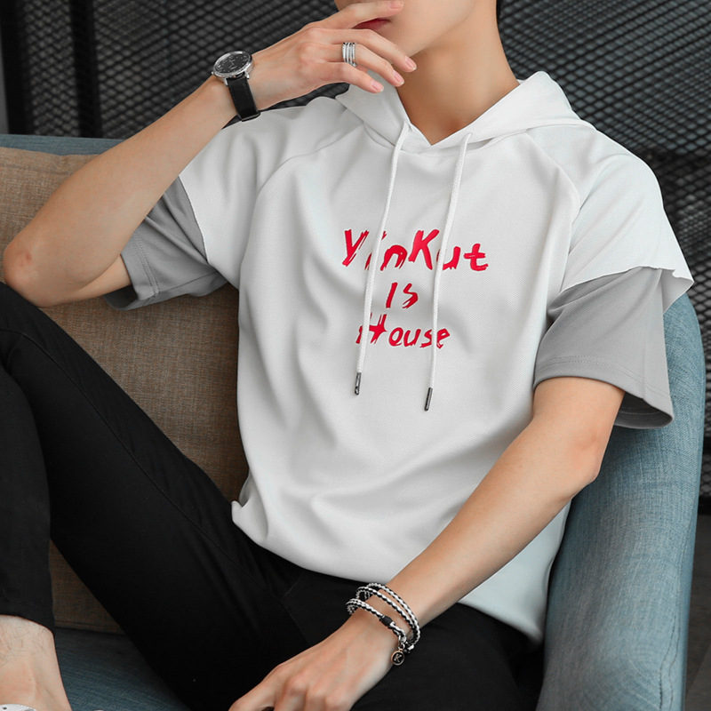 夏季t-shirt男2019韩版学生水洗短袖连帽卫衣5五分袖假两件潮男|ruв категории Мужская одежда, футболка - от Buy2taobao.com для оказания профессиональной услуги покупки агента Taobao