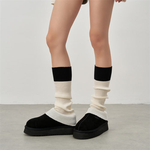 女士秋冬季拼色复古小腿套纯色黑