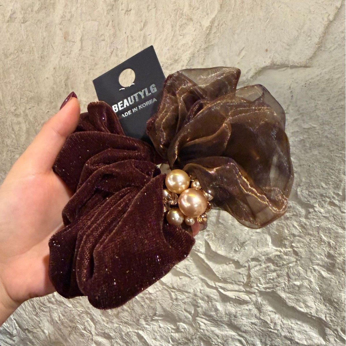 实拍 韩国东大门Bake新款满天星丝绒拼接纱纱镶钻珍珠大肠发圈