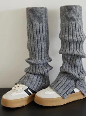 秋冬黑色中筒针织竖条开叉保暖袜套女小腿袜日系条纹春季新款百搭