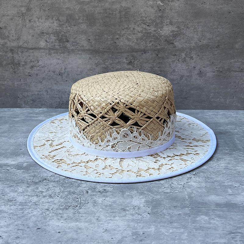 夏季法式手编拉菲草平顶帽女复古蕾丝草编赫本风出游防晒遮阳草帽