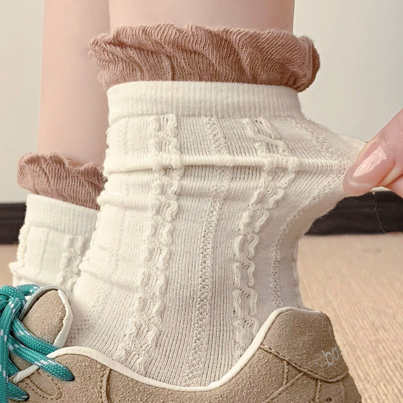 拼色花边袜口袜子女麻花暗纹时尚好搭中筒袜棉质弹力无骨堆堆袜