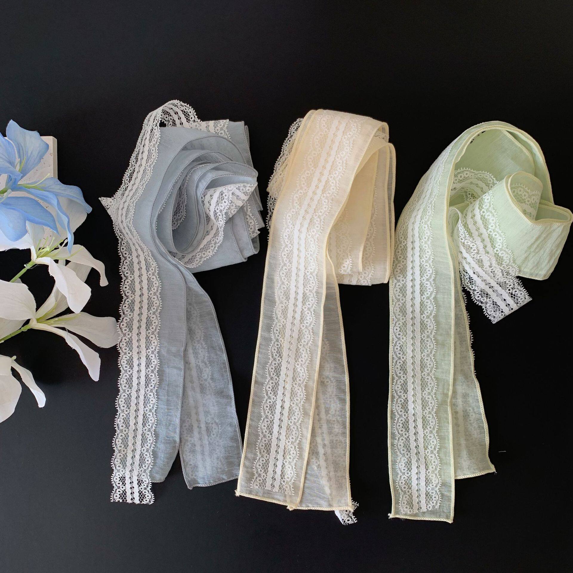 小众设计超仙法式蕾丝双层长条丝巾女春夏薄款百搭系脖小领巾发带