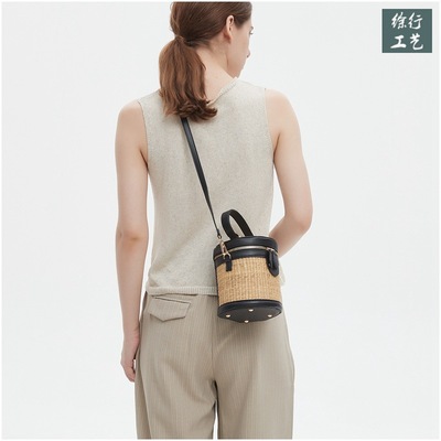 草编包ins风新款圆桶拉链欧美夏