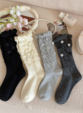 重工花苞袜子女甜美立体玫瑰长筒袜无骨褶皱泡泡口堆堆袜灰色袜子