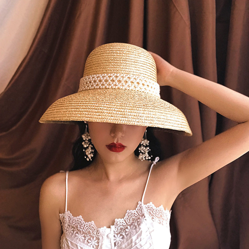 赫本草帽女大檐珍珠麦秆草编织夏季遮脸法式复古海边度假沙滩帽子