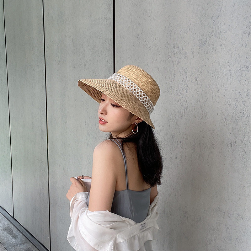 赫本草帽女夏法式复古大帽檐珍珠遮阳海边沙滩大头围拉菲草编帽子