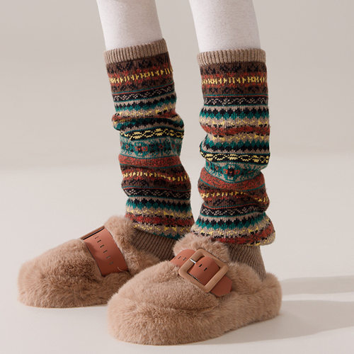 秋冬复古风加厚羊毛堆堆袜套撞色