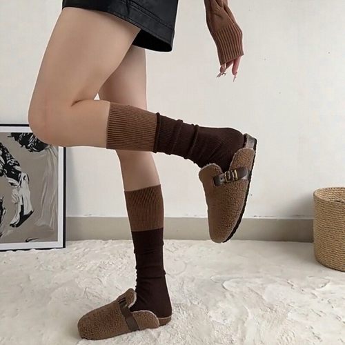 棕色小腿袜女春秋显瘦拼接长筒袜