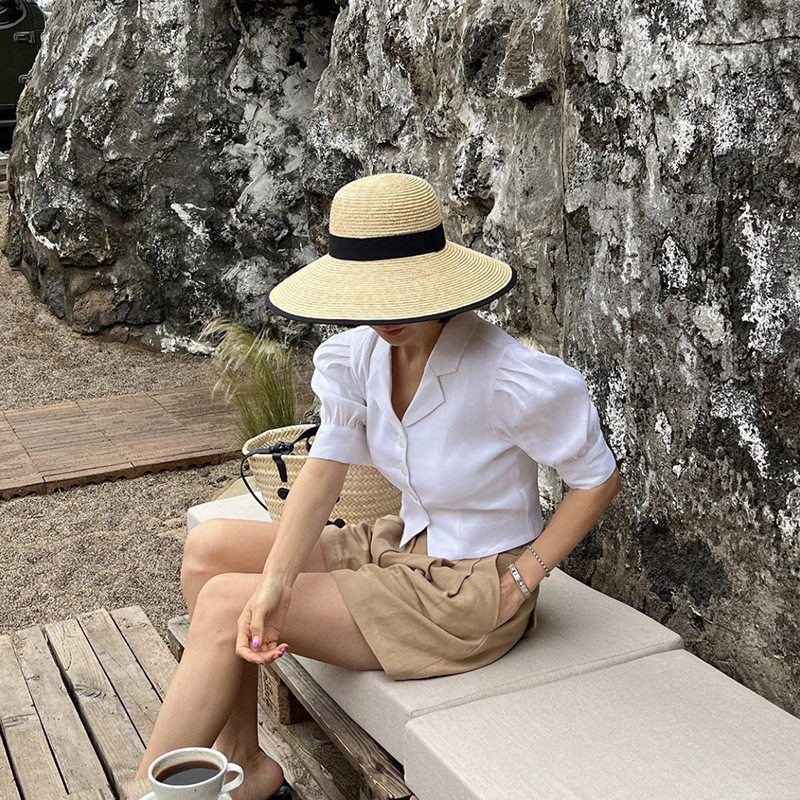 大帽檐黑色包边麦秆草草帽女夏圆顶复古法式优雅赫本大沿编织帽子