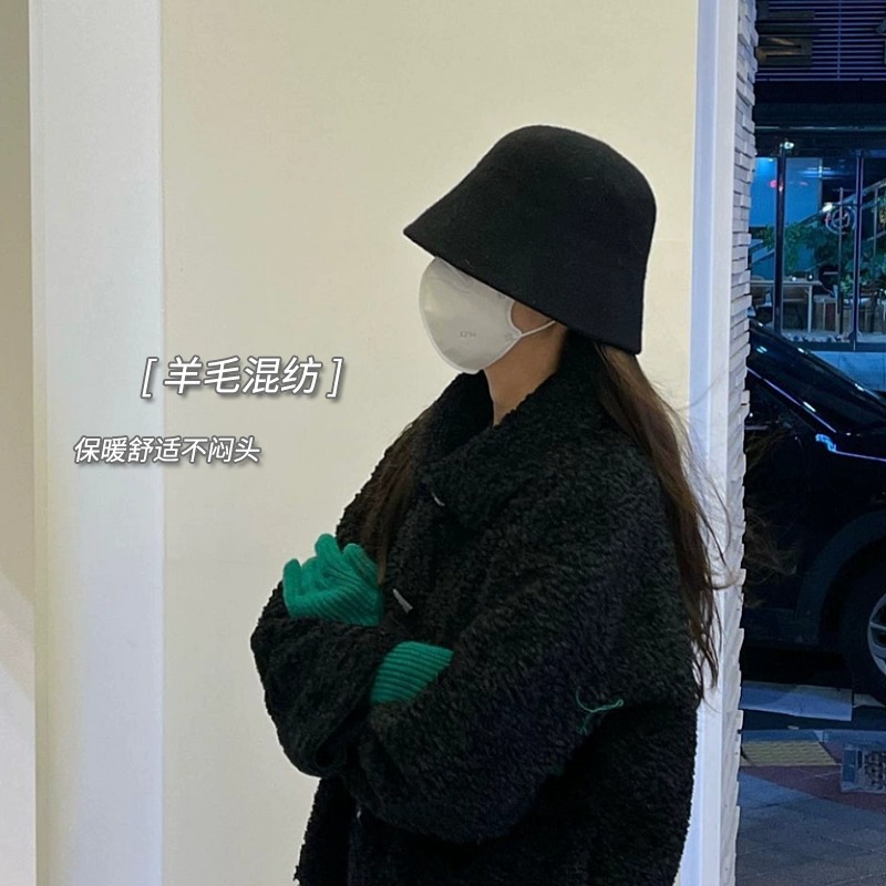 韩国单羊毛呢水桶帽子女秋冬显脸小素颜大头围渔夫帽新款黑色盆帽