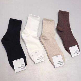 韩国产袜子 ETNA秋冬粗线条袜腰纯色棉袜 黑白灰色休闲女袜中筒袜