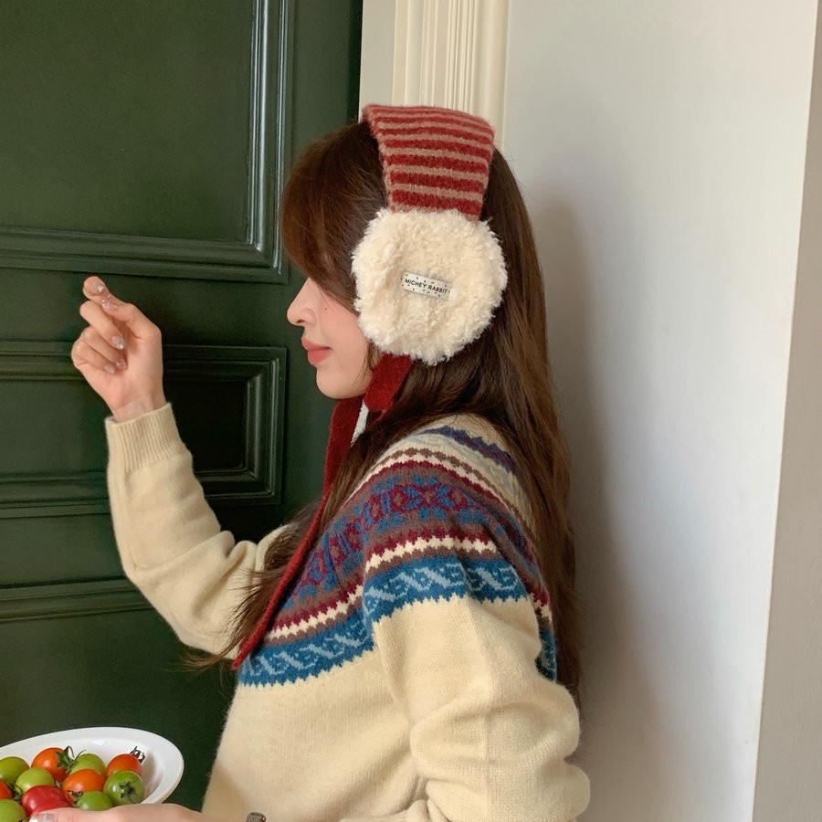 韩版条纹针织耳罩女士秋冬保暖防风羊羔毛耳捂子防冻系带护耳耳暖