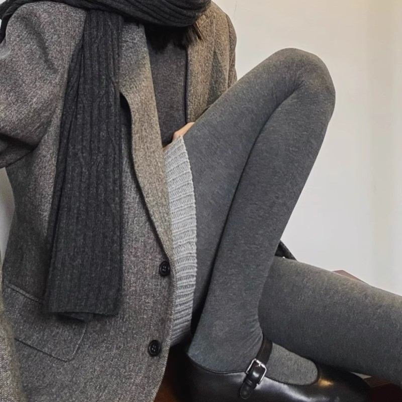 竖条纹春秋冬加绒加厚棉打底裤袜女日系烟灰色保暖显瘦踩脚连裤袜
