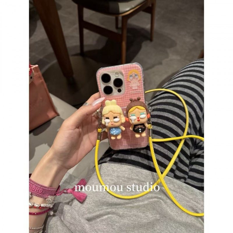 ins波点格纹哭娃背夹挂绳适用iPhone16promax苹果15手机壳14pro潮