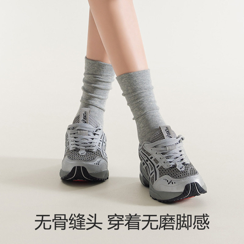 灰色刺绣蝴蝶结堆堆袜棉质抗菌防臭吸湿透气中筒袜耐磨抗起球女袜