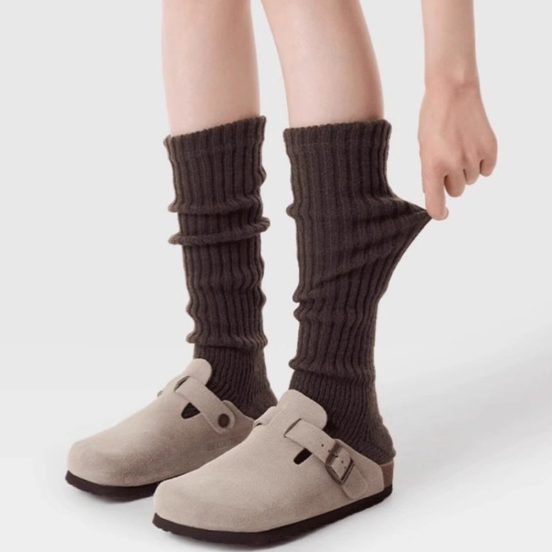 春秋薄款浅灰色小腿袜女日系JK白色中筒袜竖条纹烟灰色棉质堆堆袜