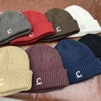 帽子女韩版时尚破洞做旧C字母针