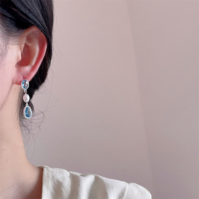 小众设计感蓝色水晶珍珠吊坠耳环女时尚轻奢高级感百搭耳钉耳饰品
