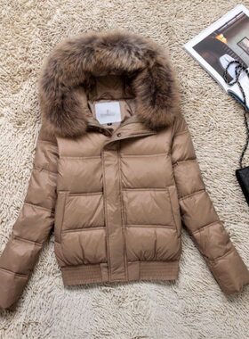 跨境秋冬貉子毛领羽绒服女短款修身加厚显瘦收腰百搭外套气质通勤