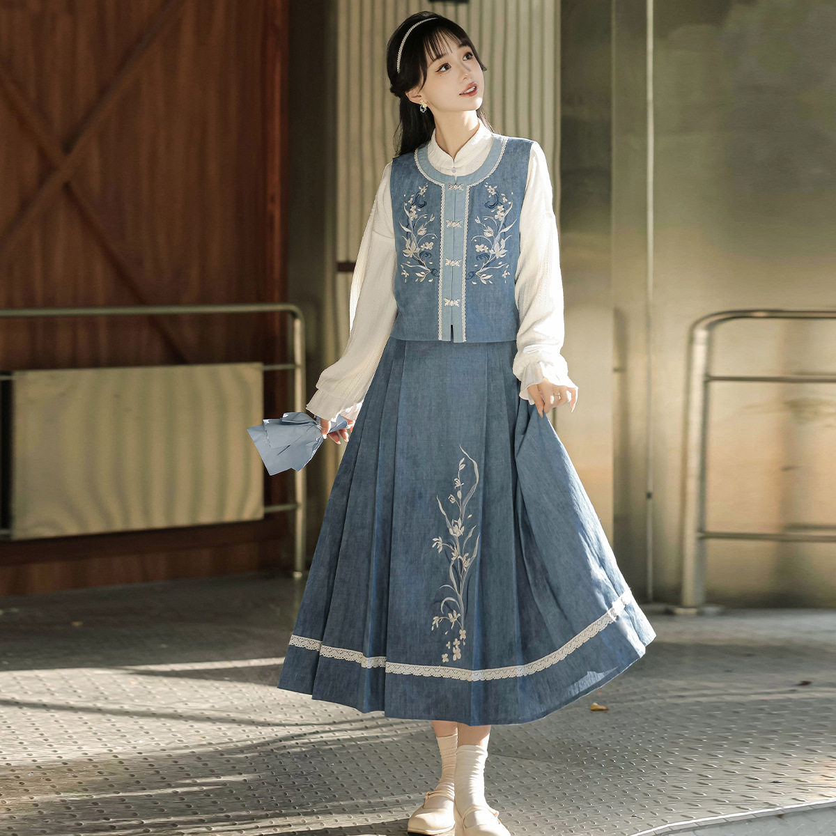 原创设计幽兰雪汉服女中国风改良汉元素马甲衬衣半裙套装日常百搭