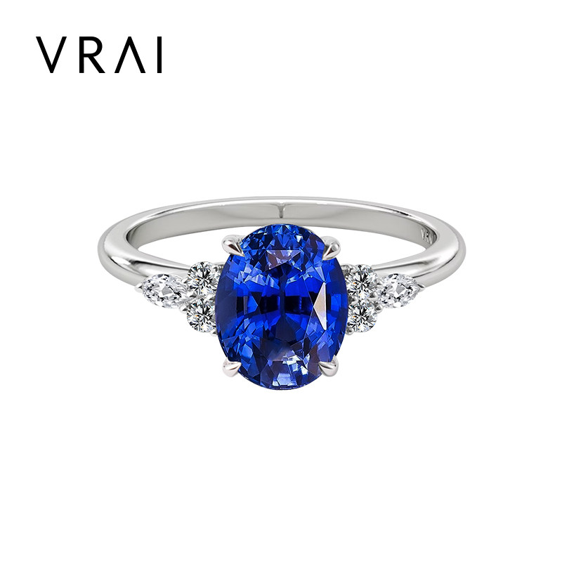 VRAI芮爱  簇拥晨曦椭圆蓝宝石戒指 培育蓝宝石铂金求婚告白戒指