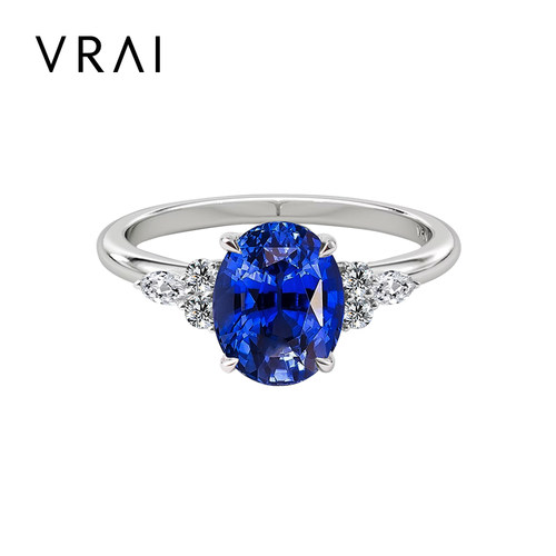 VRAI芮爱  簇拥晨曦椭圆蓝宝石戒指 培育蓝宝石铂金求婚告白戒指
