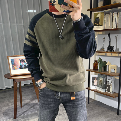 竖条拼接纹插肩袖男士秋季卫衣潮