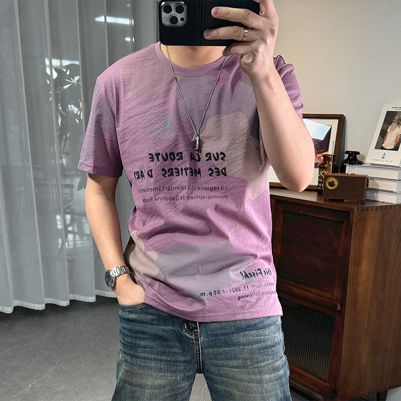 薄款清凉棉麻短袖t恤男夏季新款百搭麻料字母印花青年圆领修身潮t