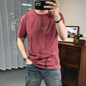 棉麻短袖 圆领透气麻料体恤衫 t恤男夏季 字母压胶青年修身 新款 薄款