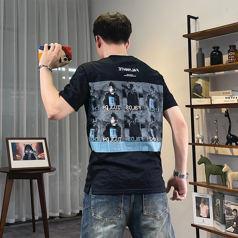 夏季后背人物像素印花棉麻男士短袖t恤潮流修身麻料新款圆领半袖