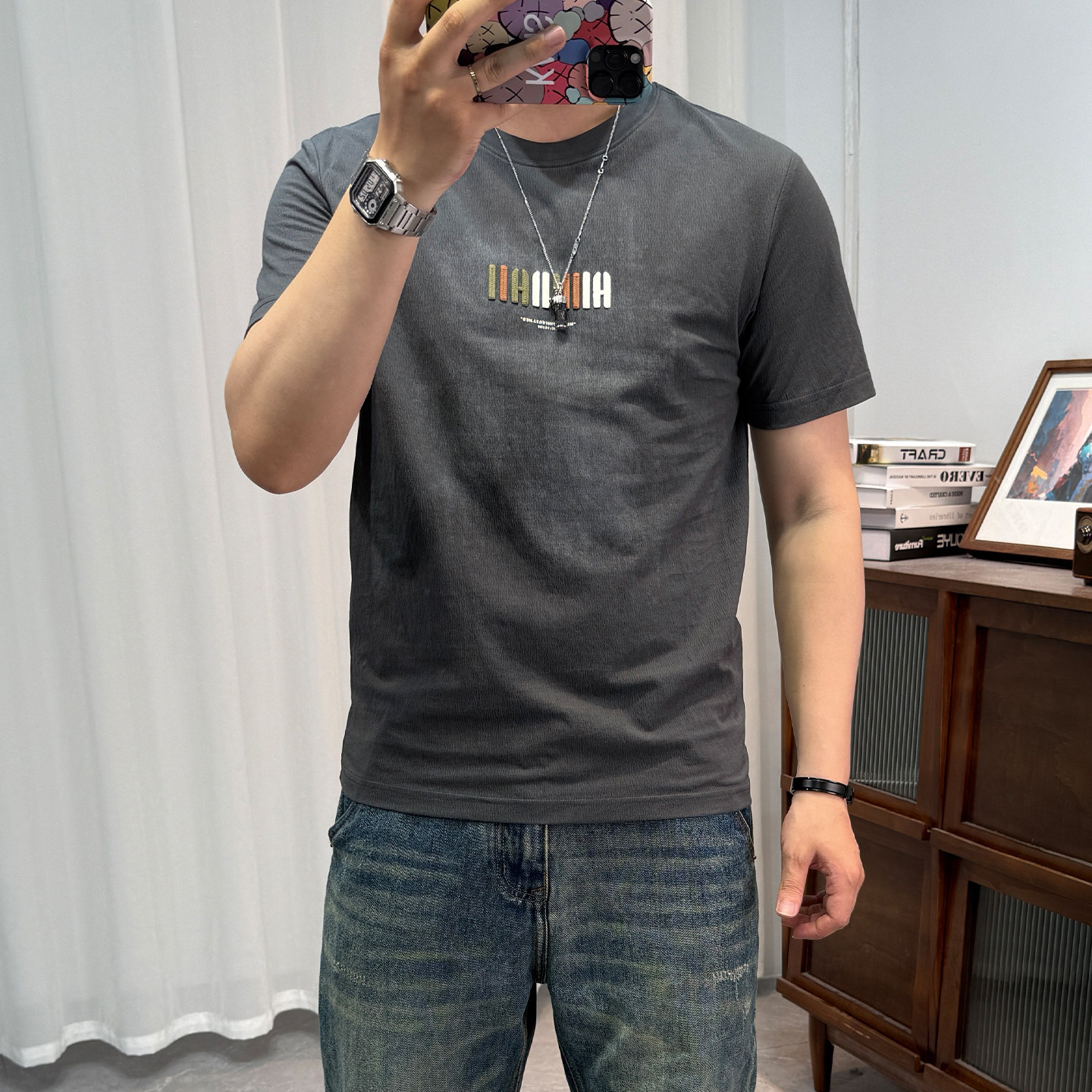 凉感修身短袖T恤男棉麻夏季透气刺绣字母薄款半袖体恤衫百搭上衣