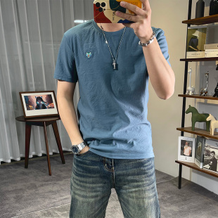清仓清仓棉麻短袖t恤男士新款透气清凉刺绣老虎头修身简约半袖潮