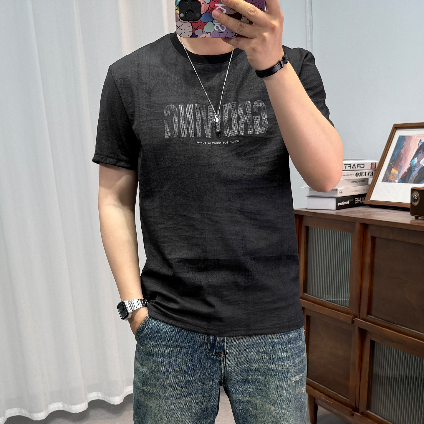 渐变棉麻短袖T恤男夏季新款字母印花青年圆领修身薄款清凉麻料潮