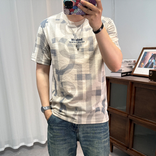 清爽棉麻短袖T恤男夏新款满身字母印花刺绣青年圆领透气修身麻料