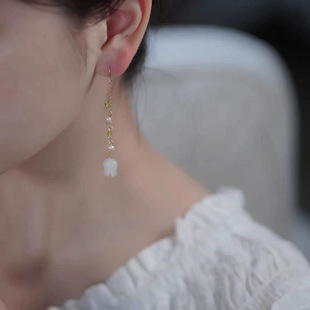 古风旗袍铃兰花珍珠长流苏耳环新中式国风耳饰汉服耳夹配饰清新女