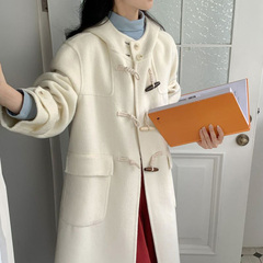 双面羊绒大衣女长款2025秋冬新款牛角扣连帽宽松学院风羊毛呢外套
