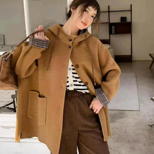 欧货连帽双面羊毛大衣女中长款2025新款单排扣宽松显瘦毛呢外套潮