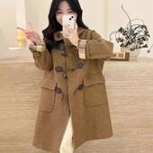 复古格子双面羊毛大衣女中长款 2025新款 牛角扣连帽减龄毛呢外套