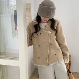 2025年秋冬新款双面羊毛大衣女短款气质圆领双排扣小香风毛呢外套