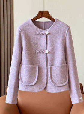 小香风双面羊绒大衣女短款新中式国风盘扣小个子圆领羊毛呢外套