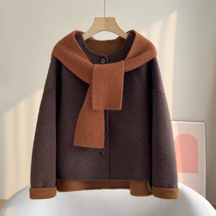韩系双面羊毛大衣女短款2025冬季新款撞色可拆卸围巾帽毛呢外套潮