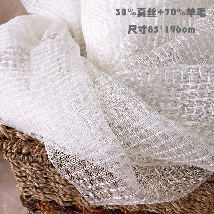 真丝羊毛格子围巾大号女士薄款丝巾植物染色蓝染蜡染草木染白
