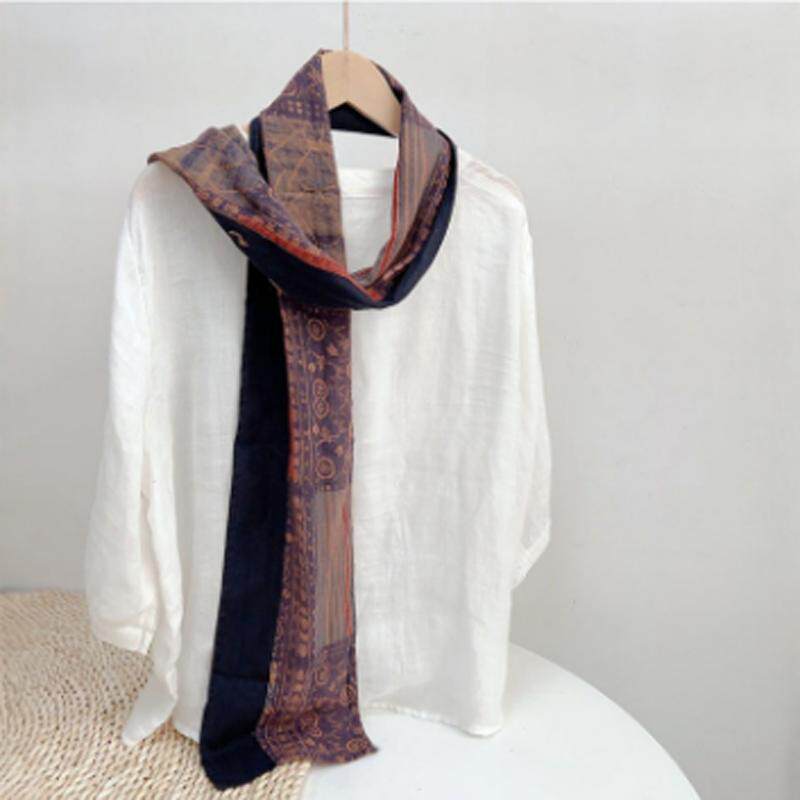 复古细长褶皱拼接全棉围巾女士夏季韩版围巾个性细长丝巾秋冬保暖