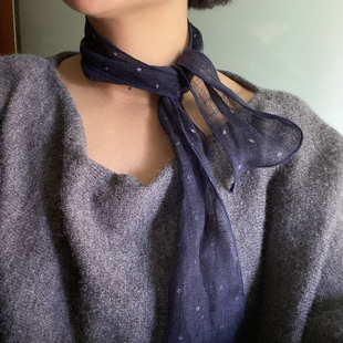 藏青复古波点小领结文艺百搭女士夏季护颈领巾配饰小丝巾韩版春秋